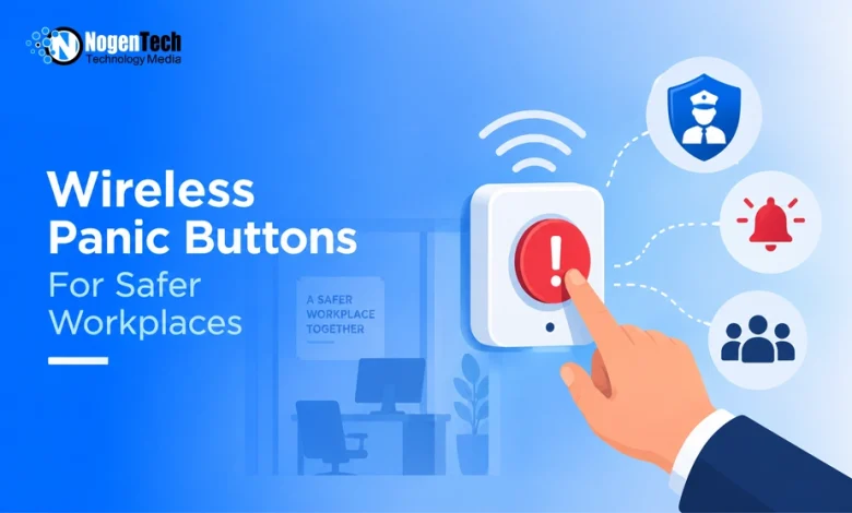 Hand pressing a red wireless panic button linked to security, alarm, and team alert icons.