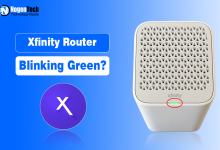 White Xfinity Gateway router with a green status light circled in red next to Xfinity logo.