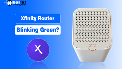 White Xfinity Gateway router with a green status light circled in red next to Xfinity logo.