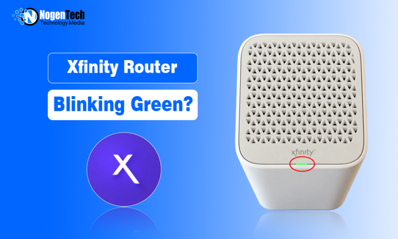 White Xfinity Gateway router with a green status light circled in red next to Xfinity logo.
