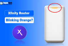 White Xfinity Gateway router with an orange light circled in red next to Xfinity branding.