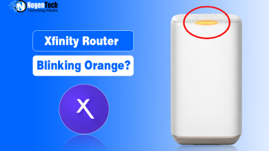 White Xfinity Gateway router with an orange light circled in red next to Xfinity branding.