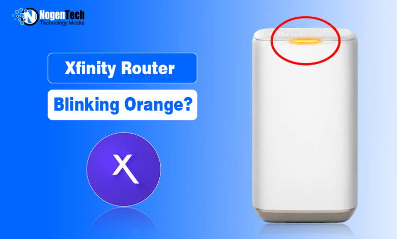 White Xfinity Gateway router with an orange light circled in red next to Xfinity branding.
