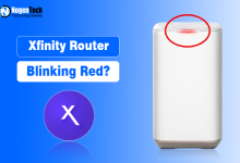 White Xfinity router with a highlighted blinking red light.