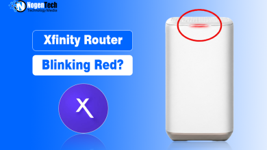 White Xfinity router with a highlighted blinking red light.