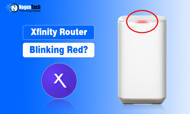 White Xfinity router with a highlighted blinking red light.