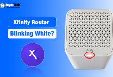 White Xfinity Gateway router with a white status light circled in red next to Xfinity logo.