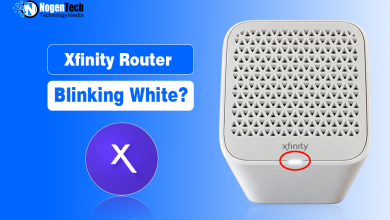 White Xfinity Gateway router with a white status light circled in red next to Xfinity logo.