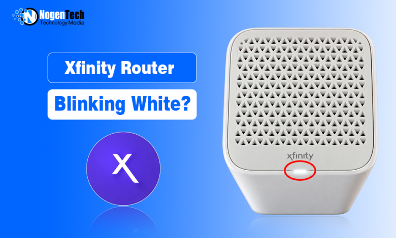 White Xfinity Gateway router with a white status light circled in red next to Xfinity logo.