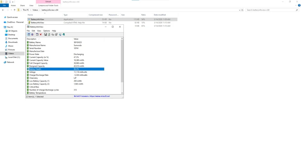 BatteryInfoView showed the accurate battery health that Lenovo Vantage showed | Image Credit: NogenTech and NirSoft