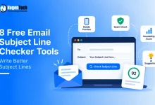Flat vector illustration of a laptop showing an email subject line tester with Mobile Preview, Spam Check, and Readability Score icons.