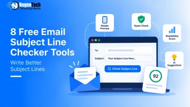 Flat vector illustration of a laptop showing an email subject line tester with Mobile Preview, Spam Check, and Readability Score icons.