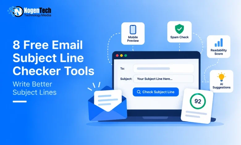 Flat vector illustration of a laptop showing an email subject line tester with Mobile Preview, Spam Check, and Readability Score icons.