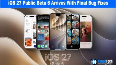 Multiple iPhones lined up displaying various iOS 27 interfaces with NogenTech branding.