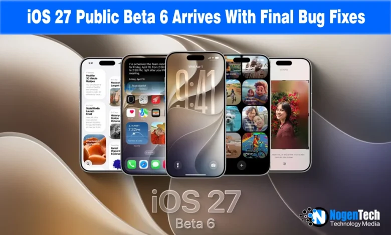 Multiple iPhones lined up displaying various iOS 27 interfaces with NogenTech branding.