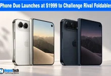 Silver and dark gray foldable iPhone Duo smartphones displayed standing side by side.