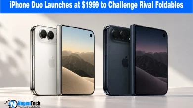 Silver and dark gray foldable iPhone Duo smartphones displayed standing side by side.