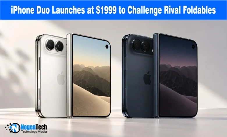 Silver and dark gray foldable iPhone Duo smartphones displayed standing side by side.