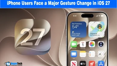iPhone displaying the home screen next to an iOS 27 logo icon.