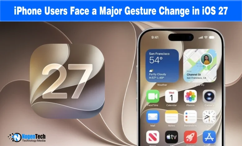 iPhone displaying the home screen next to an iOS 27 logo icon.