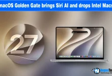 MacBook Pro displaying desktop wallpaper next to a round macOS 27 emblem.