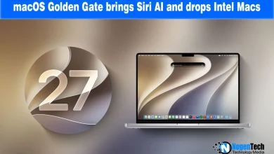 MacBook Pro displaying desktop wallpaper next to a round macOS 27 emblem.