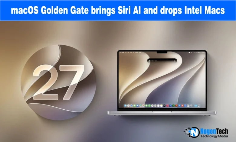 MacBook Pro displaying desktop wallpaper next to a round macOS 27 emblem.