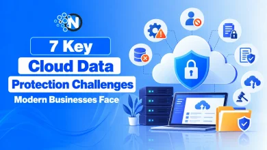 Illustration of seven key cloud data protection challenges for businesses, featuring cloud security, encryption, access control, data backups, and compliance.