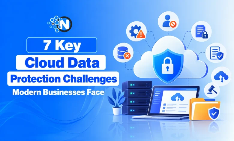 Illustration of seven key cloud data protection challenges for businesses, featuring cloud security, encryption, access control, data backups, and compliance.