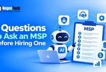 Illustration showing 7 questions to ask an MSP before hiring, with a checklist and icons for cybersecurity, IT support, cloud backup, and costs.
