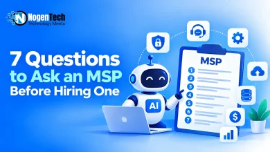 Illustration showing 7 questions to ask an MSP before hiring, with a checklist and icons for cybersecurity, IT support, cloud backup, and costs.