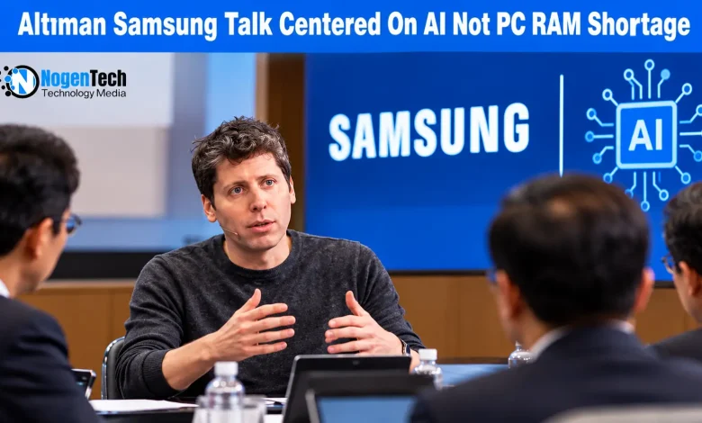 OpenAI CEO Sam Altman speaks with Samsung executives during an AI strategy roundtable, as separate comments about PC RAM allocation attract attention.