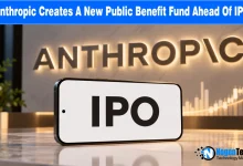 Smartphone showing "IPO" on screen placed in front of an illuminated Anthropic wall logo and stock market chart.