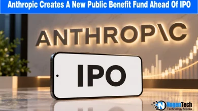 Smartphone showing "IPO" on screen placed in front of an illuminated Anthropic wall logo and stock market chart.
