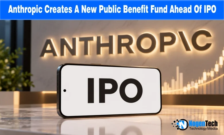 Smartphone showing "IPO" on screen placed in front of an illuminated Anthropic wall logo and stock market chart.