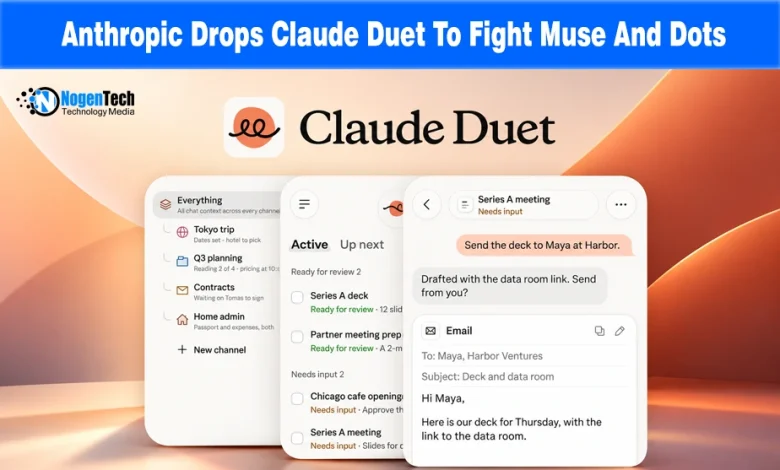 Mobile UI screens displaying the Claude Duet app interface with chat context, meeting prep, and email drafting features.
