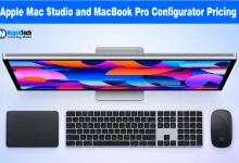 Overhead view of an Apple Studio Display alongside a Magic Keyboard, Magic Trackpad, and Magic Mouse.