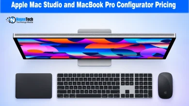 Overhead view of an Apple Studio Display alongside a Magic Keyboard, Magic Trackpad, and Magic Mouse.
