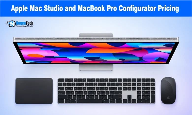Overhead view of an Apple Studio Display alongside a Magic Keyboard, Magic Trackpad, and Magic Mouse.