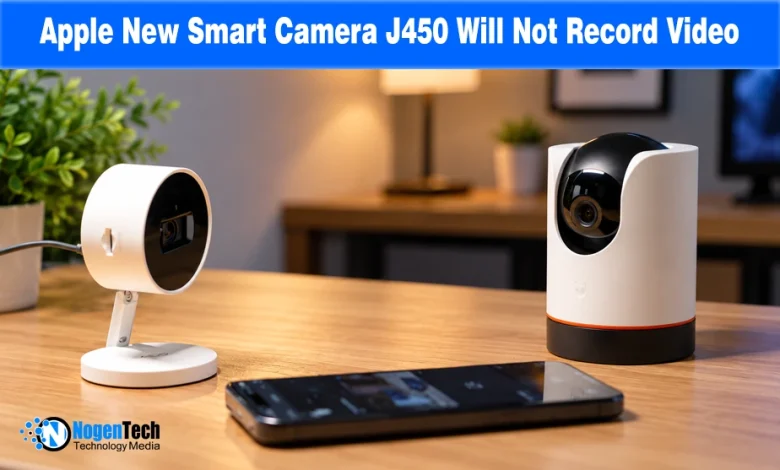 Two white smart home security cameras and a smartphone resting on a wooden tabletop.