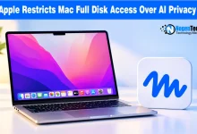 Silver MacBook laptop opened next to a white square icon featuring a blue script M logo.