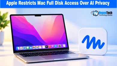 Silver MacBook laptop opened next to a white square icon featuring a blue script M logo.