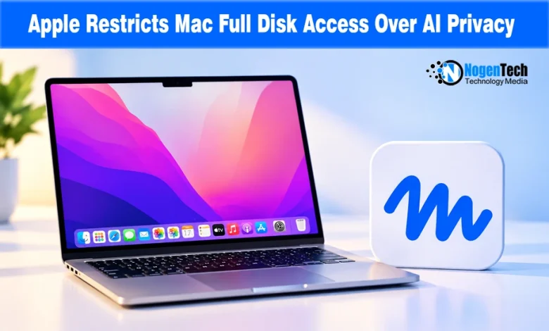 Silver MacBook laptop opened next to a white square icon featuring a blue script M logo.
