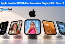 Row of Apple HomeView smart displays in multiple colors showcasing clock, FaceTime call, smart home controls, and music interfaces.