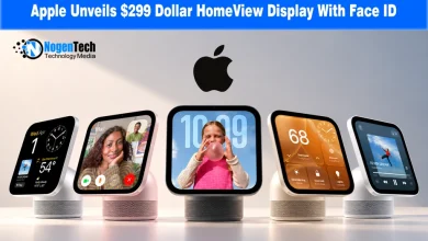 Row of Apple HomeView smart displays in multiple colors showcasing clock, FaceTime call, smart home controls, and music interfaces.