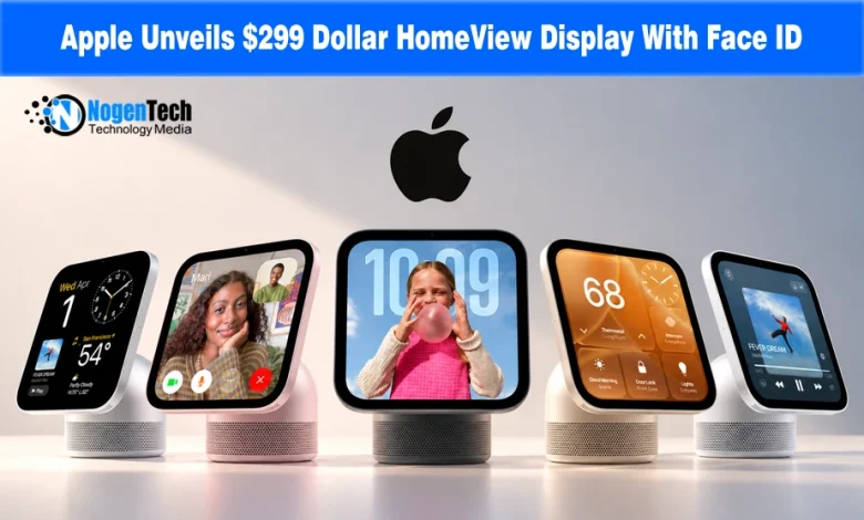 Row of Apple HomeView smart displays in multiple colors showcasing clock, FaceTime call, smart home controls, and music interfaces.