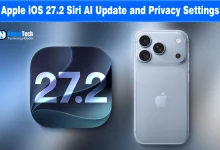 Back of a light blue iPhone next to an app icon displaying the iOS 27.2 software version logo.