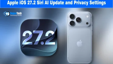 Back of a light blue iPhone next to an app icon displaying the iOS 27.2 software version logo.