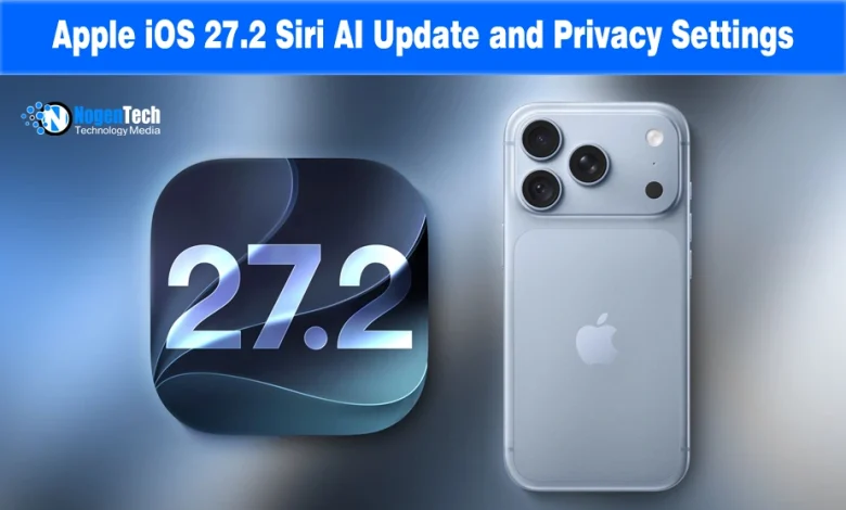 Back of a light blue iPhone next to an app icon displaying the iOS 27.2 software version logo.