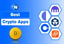 Gold Bitcoin coin alongside hexagon icons of top cryptocurrency exchange apps including Coinbase and Kraken.